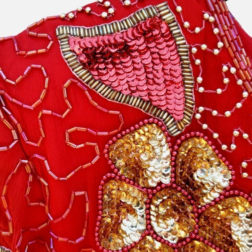 80s Cocktail Dress Short Formal Womens M Red Silk Beaded Embellished Jewel Queen - Picture 9 of 16